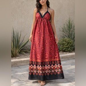 Spaghetti Strap Cross Back Satin Feels Soft Red and Black Patterned Maxi Dress M